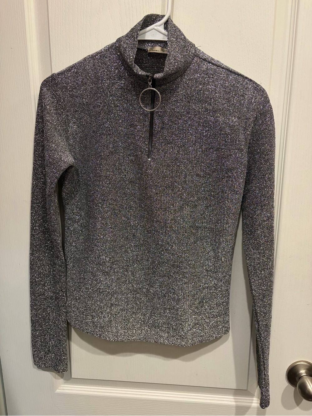Zara Metallic Gray Zip-Front Turtleneck Sweater